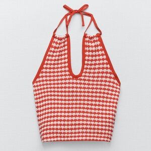 ZARA KNIT RED WHITE HALTER CROP TOP